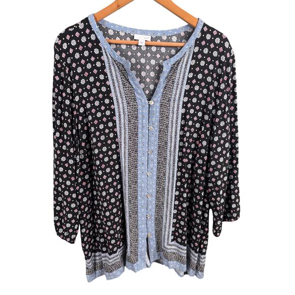 J Jill Women's Size XL Blue Printed 3/4 Sleeve Collarless Button Up Shirt Blouse - Picture 1 of 10